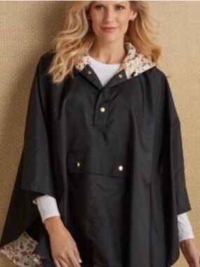 Soft Surroundings Black Hooded Rain Poncho with Floral Hood Lining